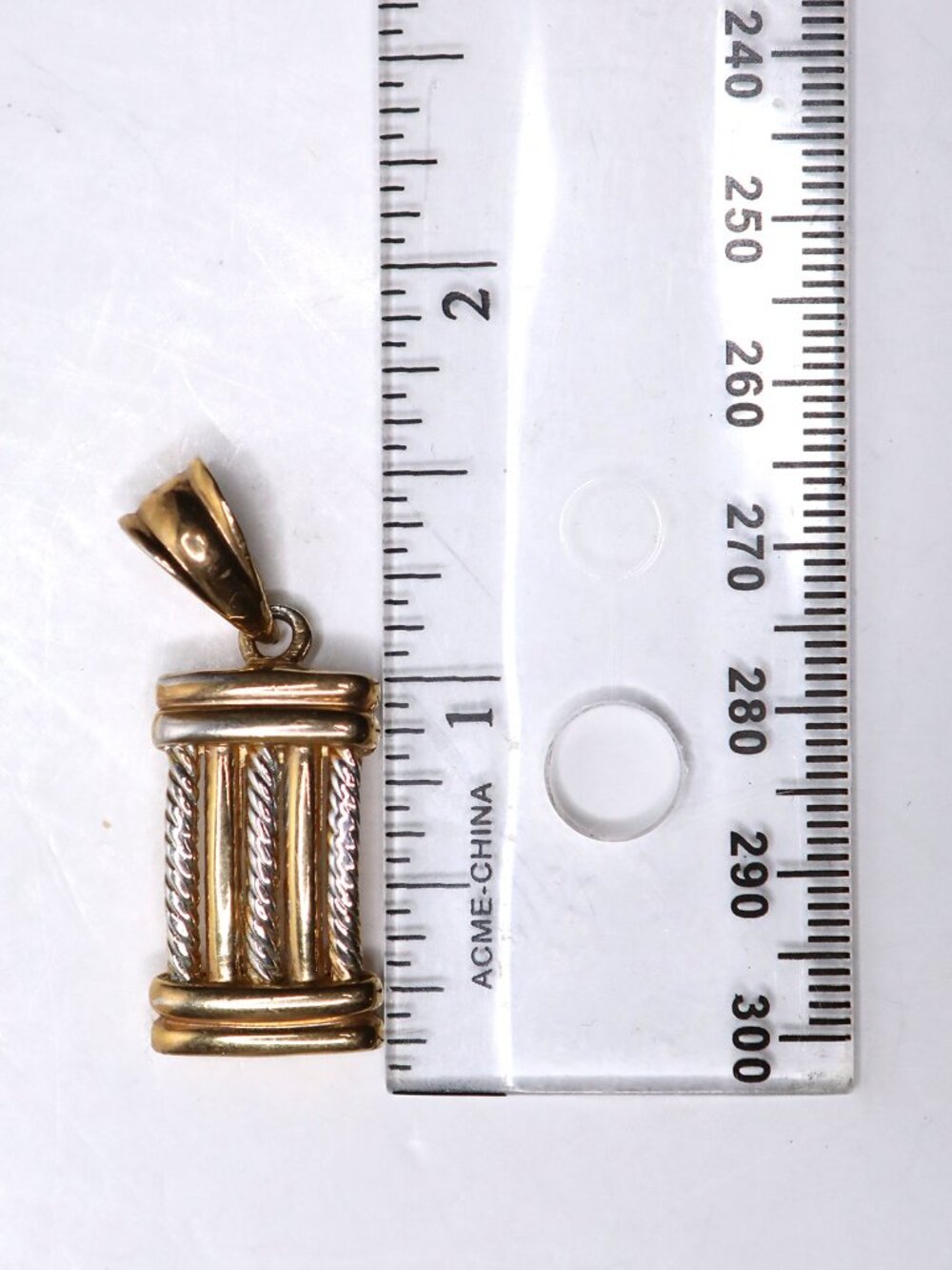 Two-Tone Gold Shell Column Pendant - Ribbed & Twisted Rope Mixed Metal Charm - Picture 6 of 10